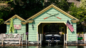 Quaint Green Boathouse on Lake George by Trinket Mason